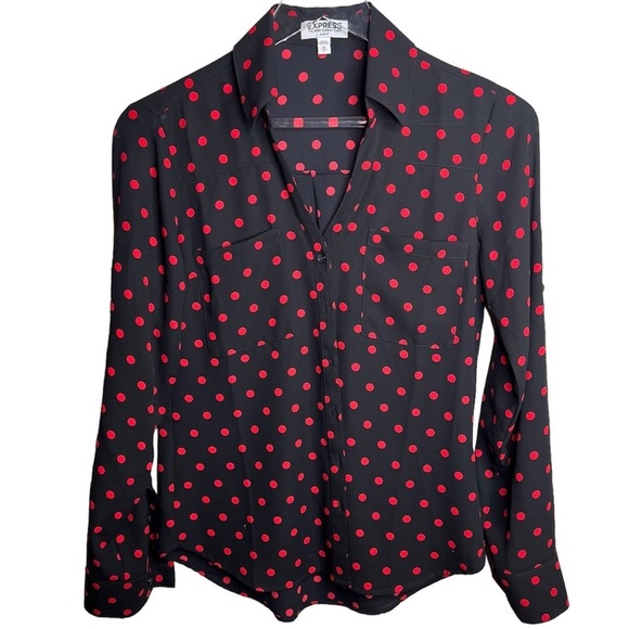 BNWOT Express Black and Red Polka Dot Button Down Blouse - Picture 1 of 7